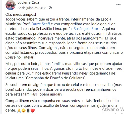 Escola Municipal pede doação de celulares para inclusão digital de alunos no ensino à distância