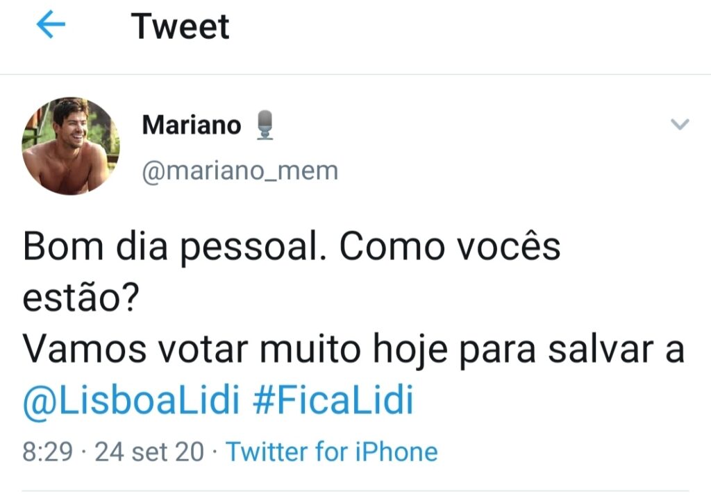 Cantor Mariano declara apoio a atriz Lidi Lisboa e pede mutirão de votos no twitter