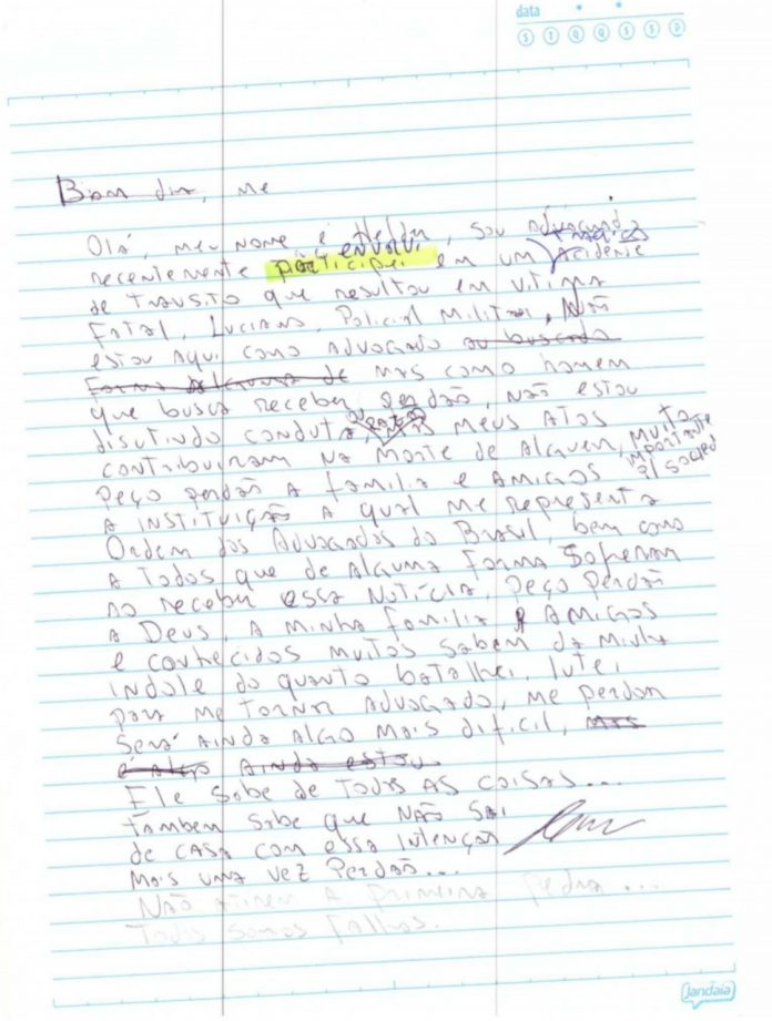 Em carta de de próprio punho, advogado pede perdão por morte de PM em acidente Em carta de de próprio punho, advogado pede perdão por morte de PM em acidente
