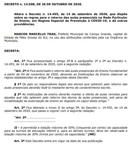 Prefeitura autoriza retorno do ensino fundamental das particulares a partir do dia 4