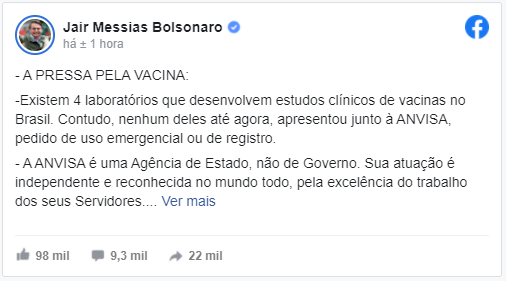 Vacina tem impacto que precisa ser bem esclarecido, diz Bolsonaro Vacina tem impacto que precisa ser bem esclarecido, diz Bolsonaro