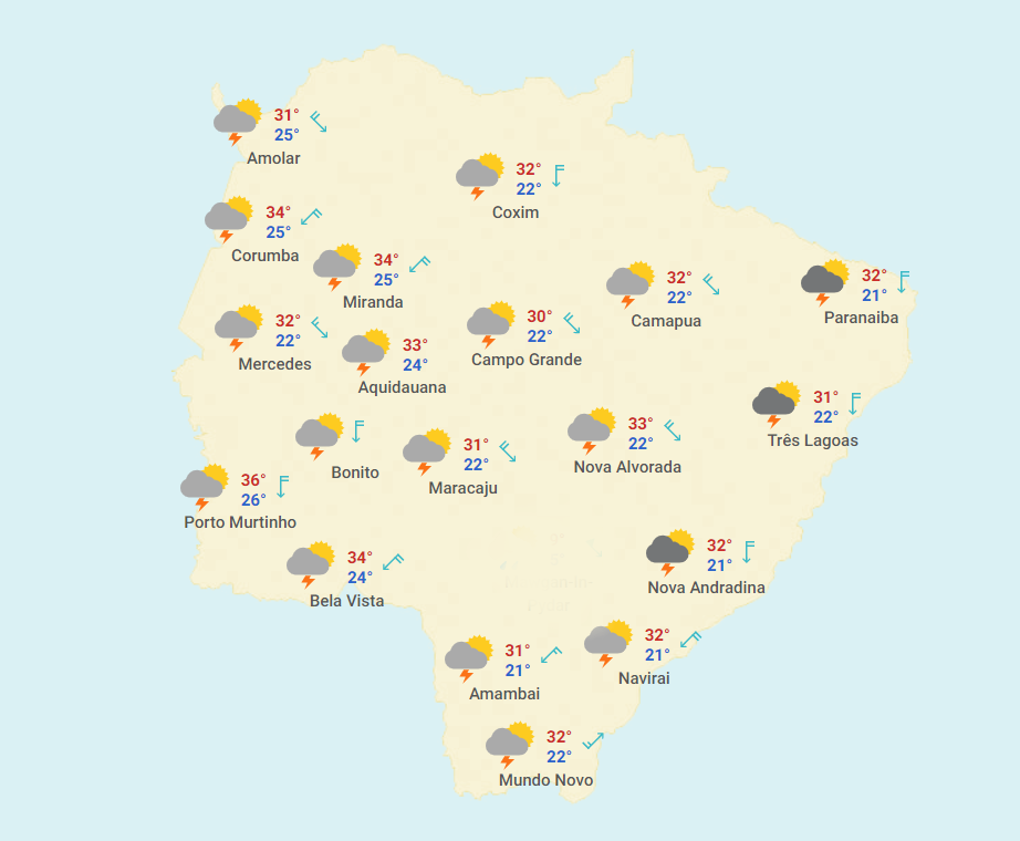 Segunda-feira de tempo instável e máxima de 35°C em Mato Grosso do Sul Segunda-feira de tempo instável e máxima de 35°C em Mato Grosso do Sul