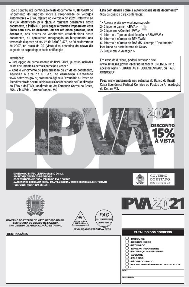 Confira dicas da Sefaz para atestar a autenticidade do carnê do IPVA 2021