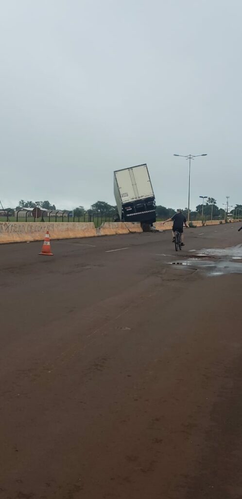 Motorista perde o controle de caminhão, bate no canteiro e derruba poste de iluminação