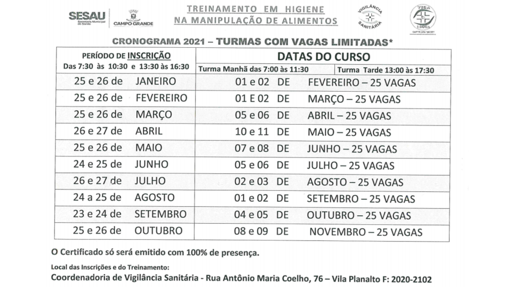 Curso gratuito de manipulação de alimentos recebe inscrições a partir de segunda-feira Curso gratuito de manipulação de alimentos recebe inscrições a partir de segunda-feira