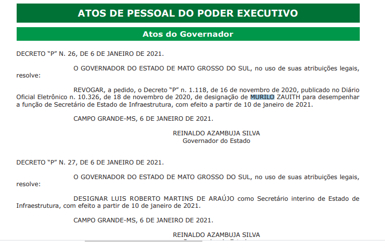 Reinaldo Azambuja exonera Murilo Zauith da Seinfra Reinaldo Azambuja exonera Murilo Zauith da Seinfra