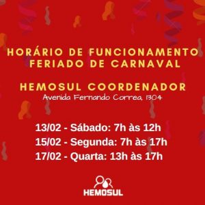 Hemosul Campo Grande atende das 7h às 12h neste sábado Hemosul Campo Grande atende das 7h às 12h neste sábado