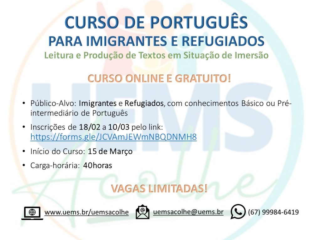 UEMS Acolhe está com inscrições abertas para curso online destinado a imigrantes e refugiados UEMS Acolhe está com inscrições abertas para curso online destinado a imigrantes e refugiados