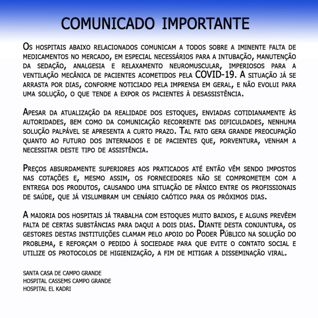 Em dois dias, medicamentos podem faltar para pacientes intubados em três hospitais da Capital Em dois dias, medicamentos podem faltar para pacientes intubados em três hospitais da Capital