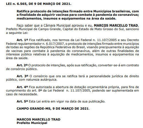 Prefeitura adere ao consórcio público de compra de vacinas contra Covid-19