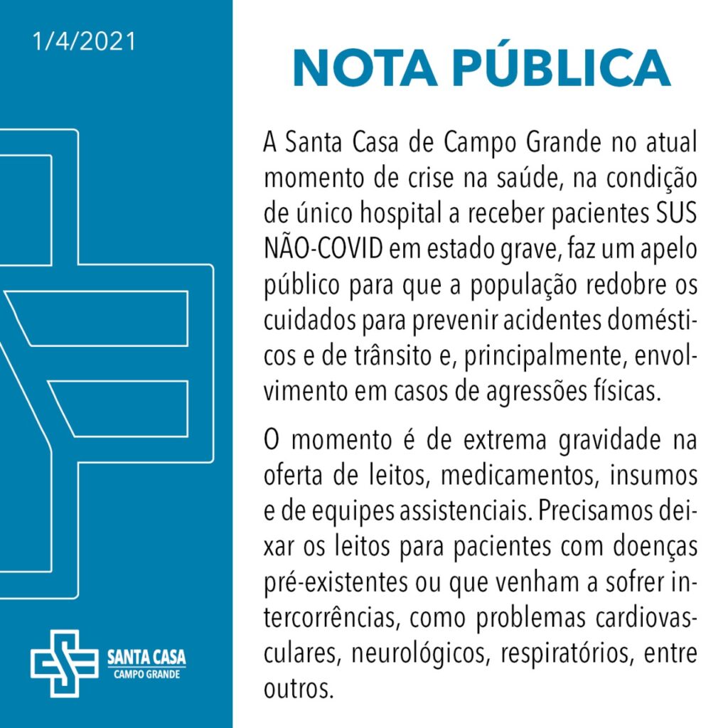 Com pacientes na fila do respirador, Santa Casa faz apelo a população do Estado