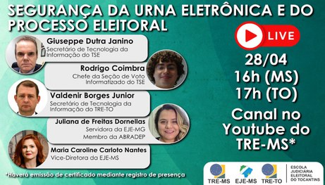 Justiça Eleitoral realiza live sobre segurança da urna eletrônica e processo eleitoral na quarta Justiça Eleitoral realiza live sobre segurança da urna eletrônica e processo eleitoral na quarta
