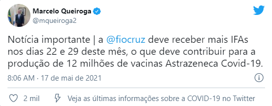 Fiocruz deve receber nova remessa de IFA no sábado