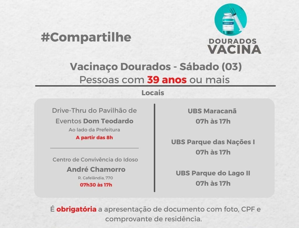 Dourados tem vacinação para pessoas com 39 anos ou mais neste sábado