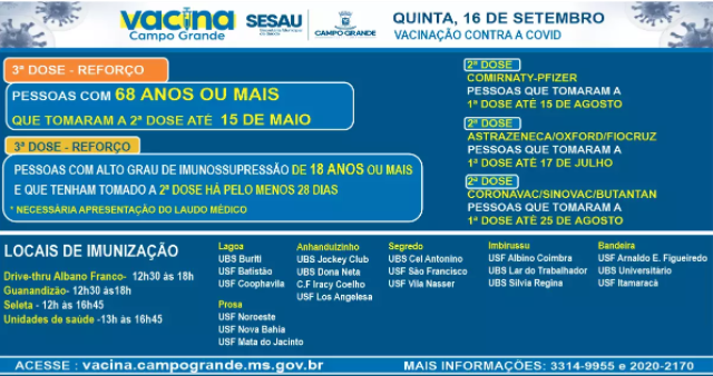 Imunização ocorre somente no período da tarde na Capital para 2ª e 3ª dose