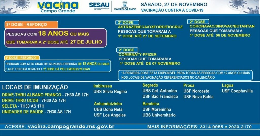 Vacinação continua neste sábado com três doses em 13 postos pela Capital Vacinação continua neste sábado com três doses em 13 postos pela Capital