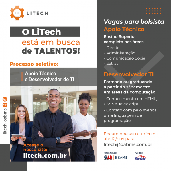 LiTech OAB-MS abre inscrições para vagas em processo seletivo LiTech OAB-MS abre inscrições para vagas em processo seletivo