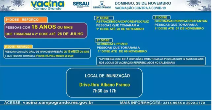 Vacina contra covid está disponível apenas no Drive-thru Albano Franco neste domingo