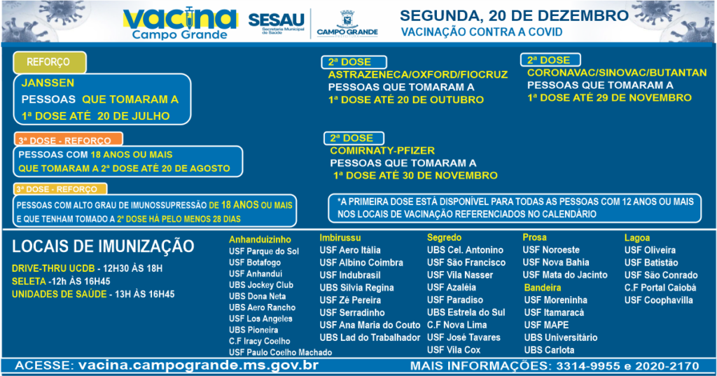 Vacinação continua à tarde na Capital com aplicação de 1ª, 2ª e 3ª dose