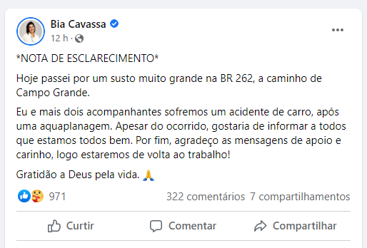 Bia Cavassa sofre acidente, após carro aquaplanar e capotar na BR-262