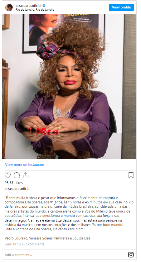 Cantora Elza Soares morre aos 91 anos Cantora Elza Soares morre aos 91 anos