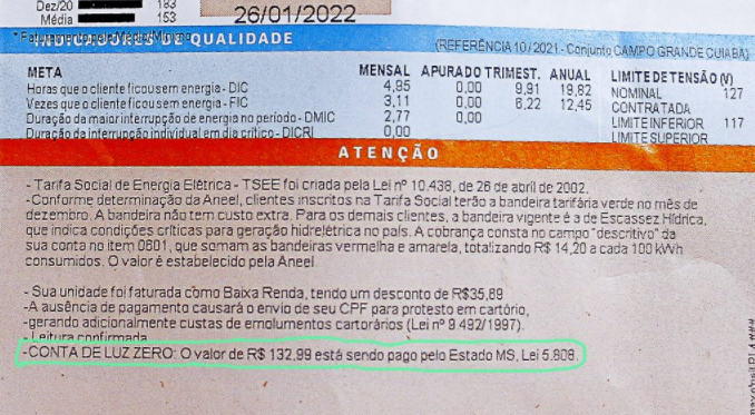 Isenção na conta de energia elétrica chega a 152 mil famílias carentes de MS