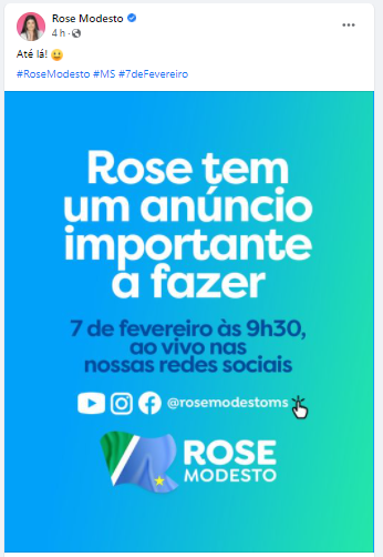 Com expectativa da saída do PSDB, Rose Modesto faz publicação em rede social