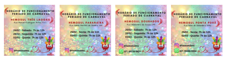 Hemosul divulga horários de funcionamento no feriado de carnaval