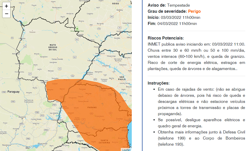 Defesa Civil: MS tem alerta para temporais em 29 municípios