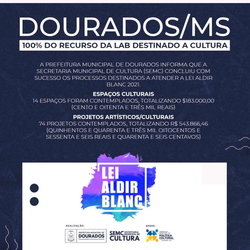Cultura finaliza processos e destina 100% do recurso da Lei Aldir Blanc Cultura finaliza processos e destina 100% do recurso da Lei Aldir Blanc