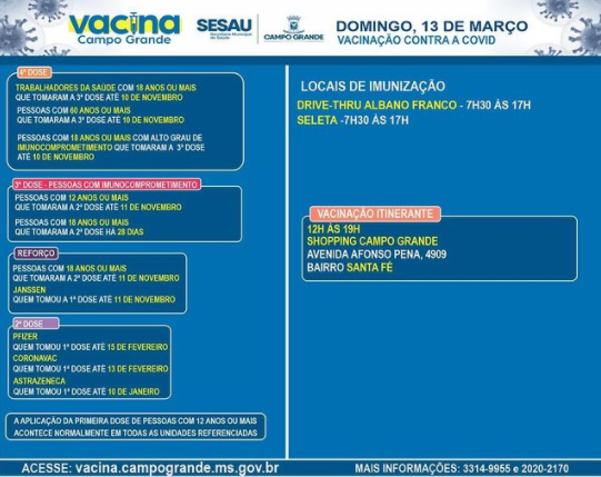Campo Grande terá três locais de vacinação contra a Covid-19 neste domingo Campo Grande terá três locais de vacinação contra a Covid-19 neste domingo