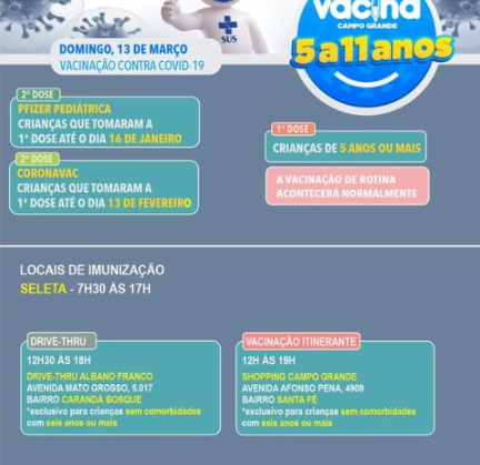 Campo Grande terá três locais de vacinação contra a Covid-19 neste domingo Campo Grande terá três locais de vacinação contra a Covid-19 neste domingo