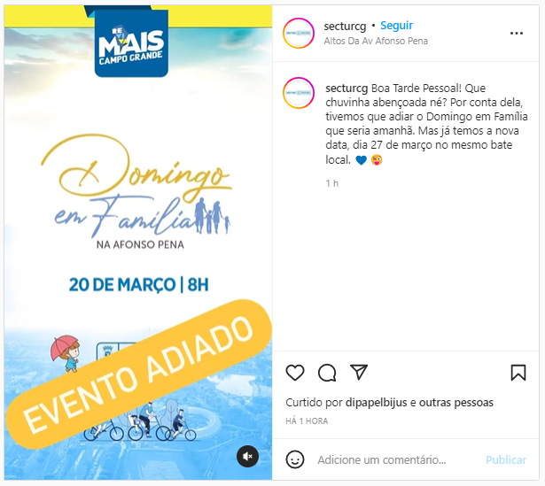 Chuva adia edição 'Domingo em Família' nos altos da Afonso Pena Chuva adia edição 'Domingo em Família' nos altos da Afonso Pena