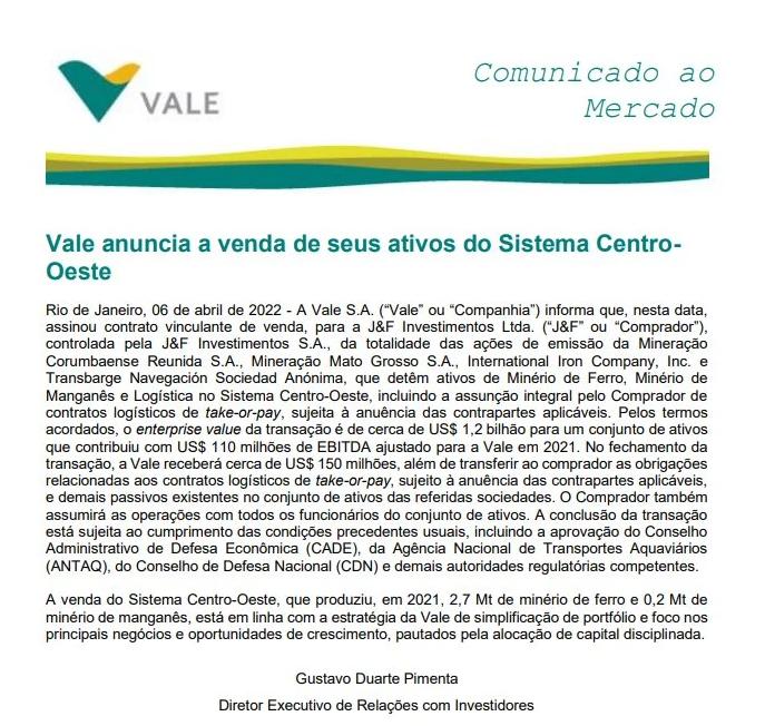 Vale vende mineradora de Corumbá para a J&F por US$ 1,2 bilhão