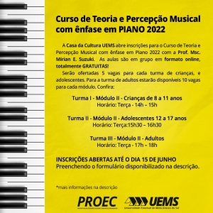 Casa da Cultura UEMS oferta curso online de Teoria e Percepção Musical