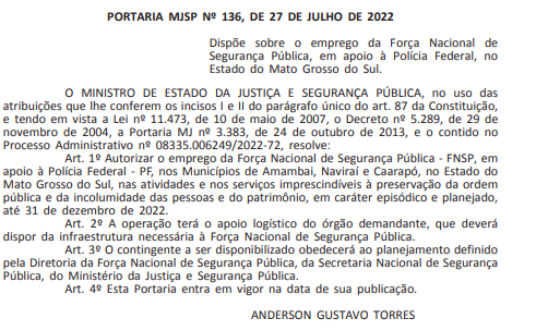 Ministério da Justiça autoriza envio da Força Nacional a Mato Grosso do Sul