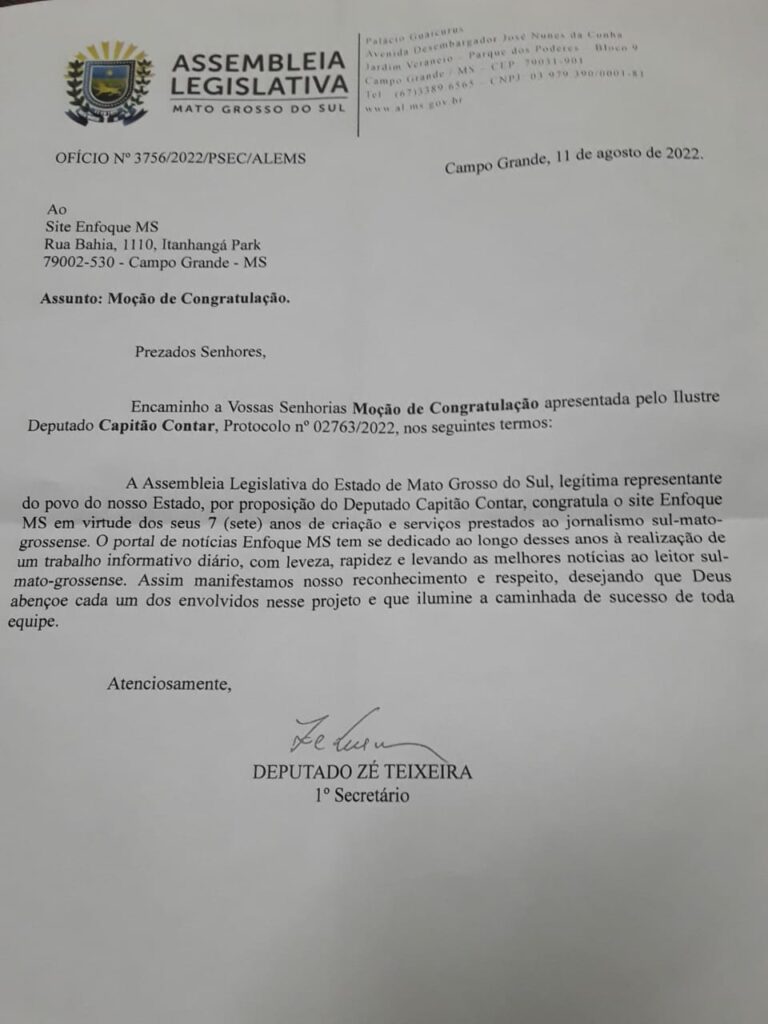 Homenagem da AL-MS reconhece serviços prestados e história do Enfoque MS em seus sete anos em 2022