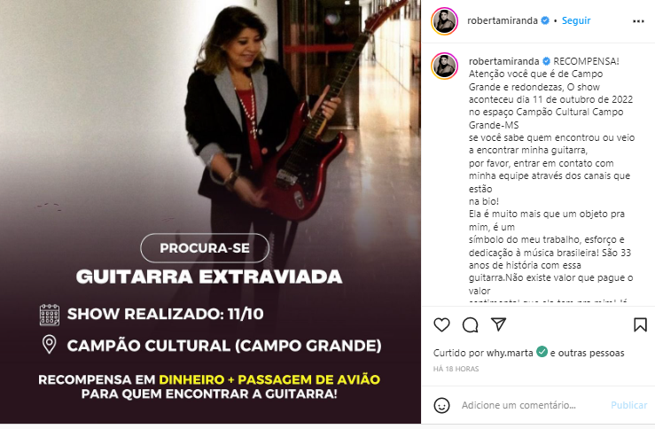 Após um mês de extravio, Roberta Miranda faz apelo e oferece recompensa por guitarra Após um mês de extravio, Roberta Miranda faz apelo e oferece recompensa por guitarra