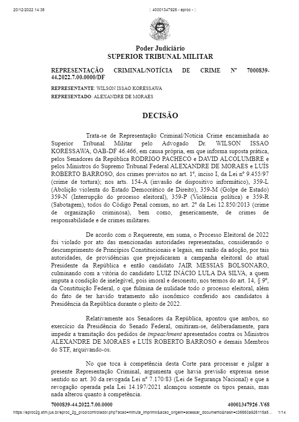 Superior Tribunal Militar nega pedido de prisão de Moraes e anulação de vitória de Lula Superior Tribunal Militar nega pedido de prisão de Moraes e anulação de vitória de Lula