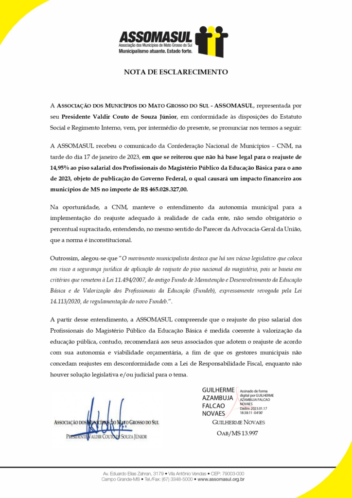 Assomasul se posiciona sobre reajuste do piso salarial dos professores; entenda a questão no MS Assomasul se posiciona sobre reajuste do piso salarial dos professores; entenda a questão no MS