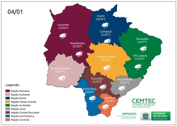 Quarta-feira será de tempo instável com chuvas em até tempestades por todo MS Quarta-feira será de tempo instável com chuvas em até tempestades por todo MS
