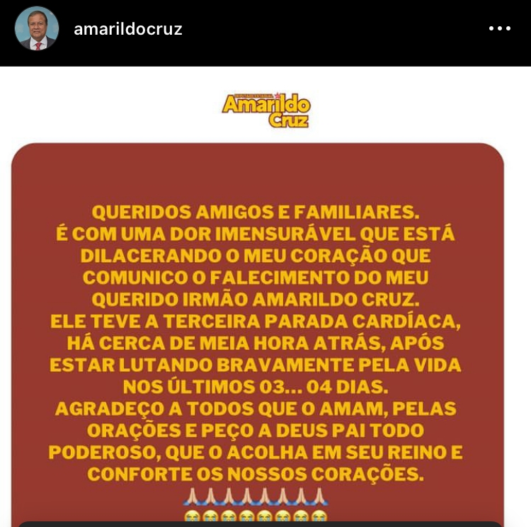Deputado Amarildo Cruz não resiste a grave bactéria indo a óbito na Capital Deputado Amarildo Cruz não resiste a grave bactéria indo a óbito na Capital