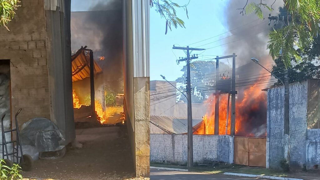 Incêndio em indústria de embalagens começou em pilha de paletes e pode causar queda de paredes Incêndio em indústria de embalagens começou em pilha de paletes e pode causar queda de paredes