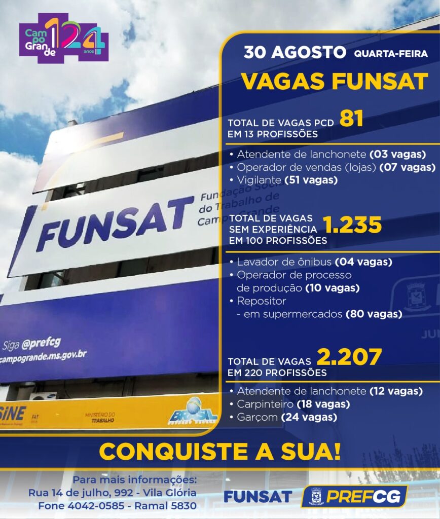 Funsat anuncia 2.207 vagas de emprego em 220 funções nesta quarta-feira Funsat anuncia 2.207 vagas de emprego em 220 funções nesta quarta-feira