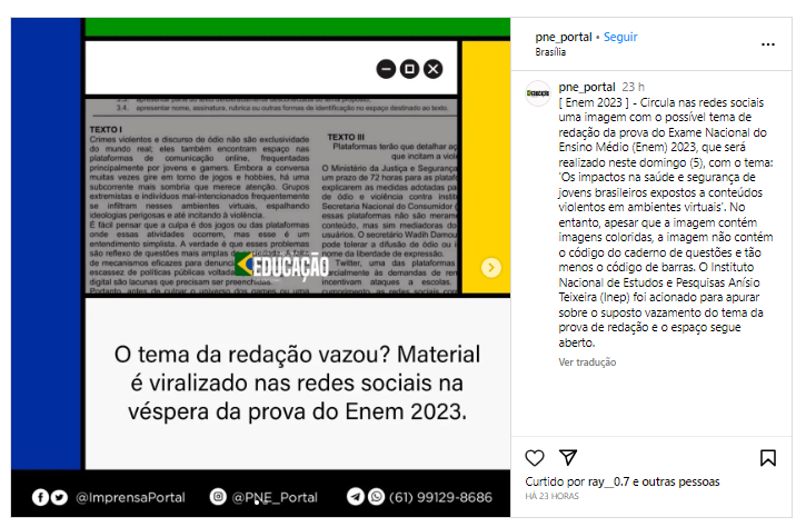 Inep nega vazamento de tema da redação do Enem 2023