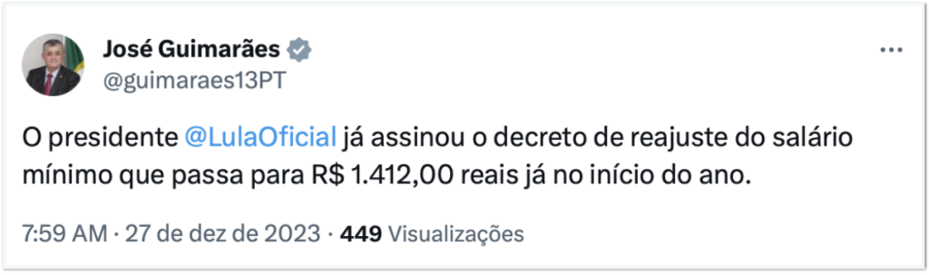 Salário mínimo para 2024 será de R$ 1.412 Salário mínimo para 2024 será de R$ 1.412