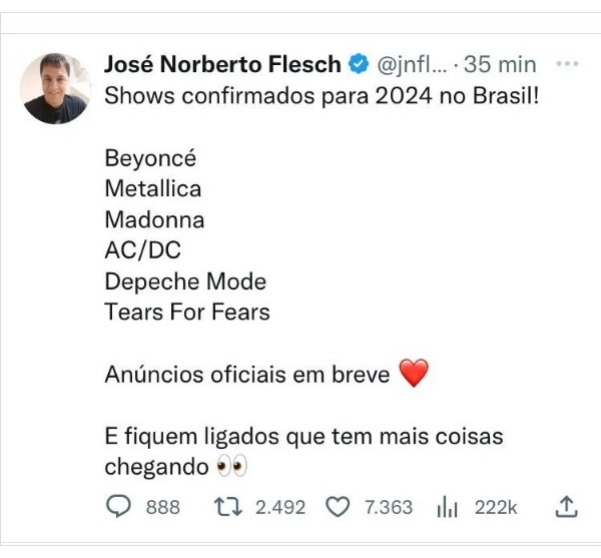 Metallica, AC/DC, Depeche Mode e Tears For Fears confirmarão shows este ano no Brasil, diz jornalista