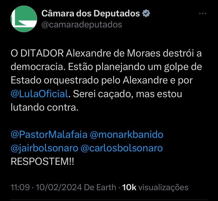 Perfil da Câmara dos Deputados em rede social é invadido e chama Moraes de "ditador"