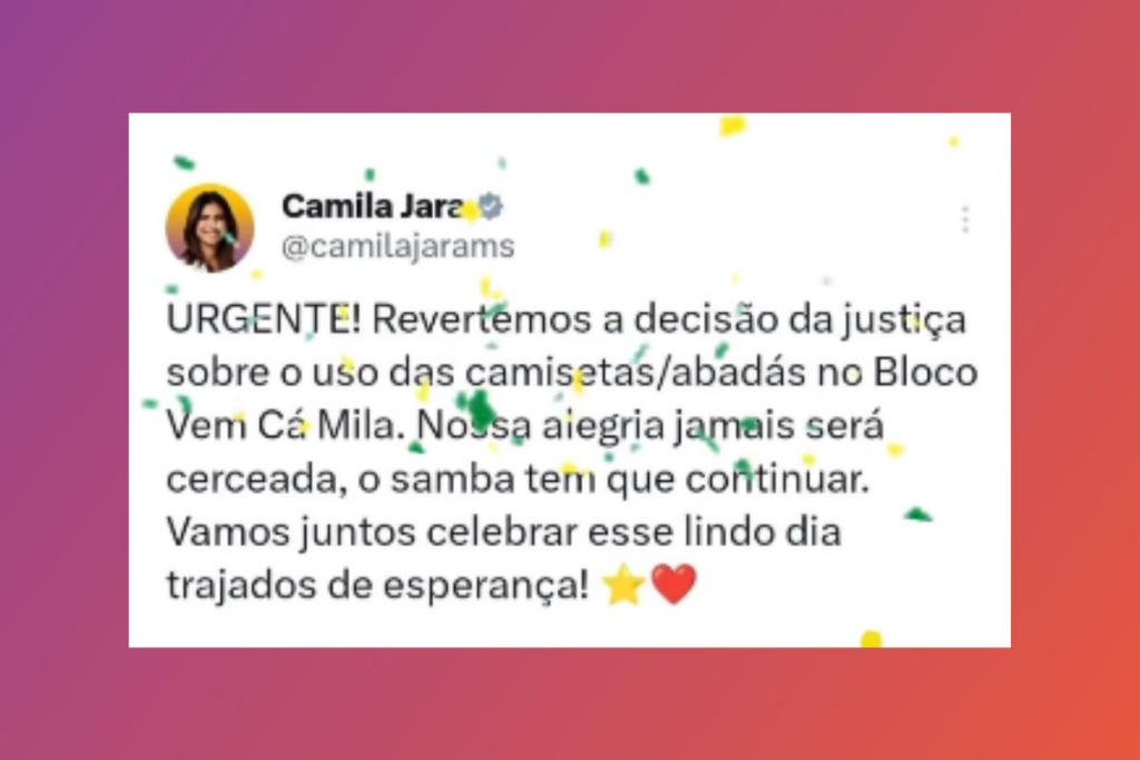 TRE libera uso de abadá em bloco de carnaval de Camila Jara TRE libera uso de abadá em bloco de carnaval de Camila Jara