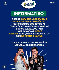 Show da dupla Fred e Fabricio na Expogrande é cancelado devido condições climáticas Show da dupla Fred e Fabricio na Expogrande é cancelado devido condições climáticas